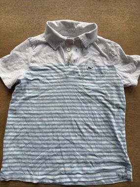 Vineyard Vines White & Light Blue Striped Polo with Chest Pocket